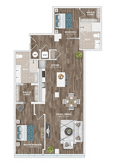 Floor plan for 2 beds, 2 baths, 1235 sqft